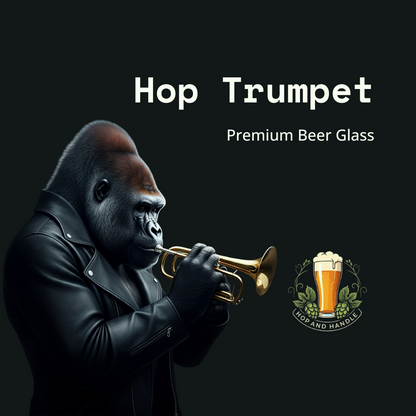 a gorilla playing the trumpet with the hop and handle logo in the background announcing a premium beer glass