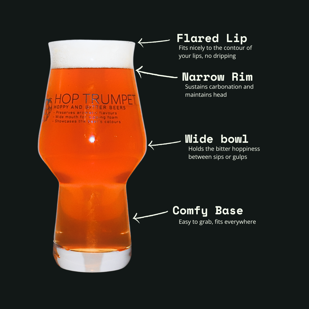 The key features in the design of the Hop Trumpet premium IPA beer glass