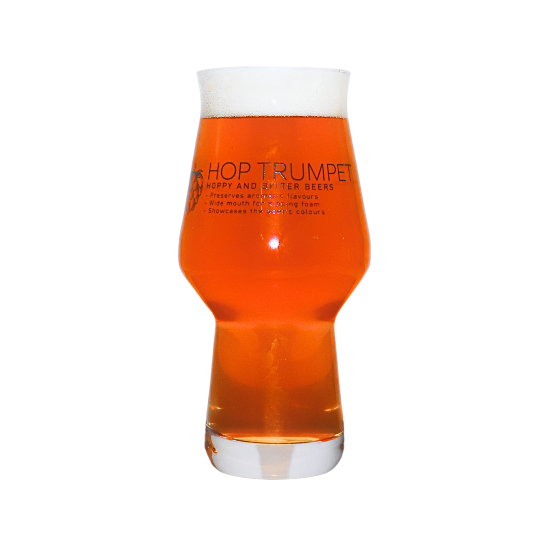 An image of the Hop Trumpet IPA glass with the design features explained